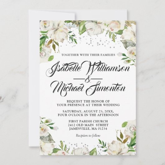White Floral & Gold Waterverf Wedding Invitations Kaart (Voorkant)