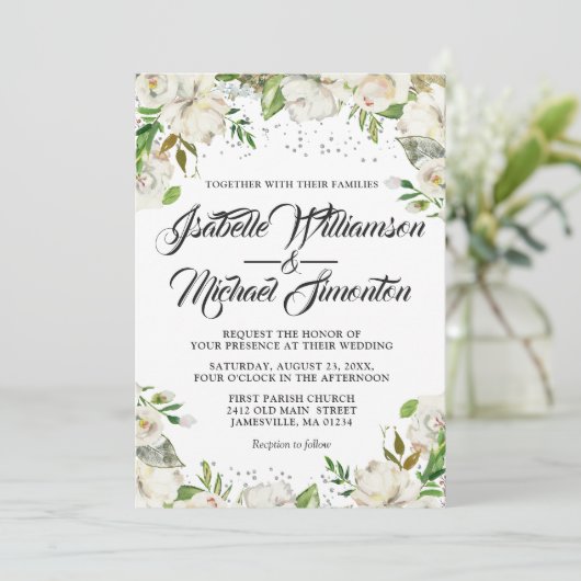 White Floral & Gold Waterverf Wedding Invitations Kaart (Staand voorkant)