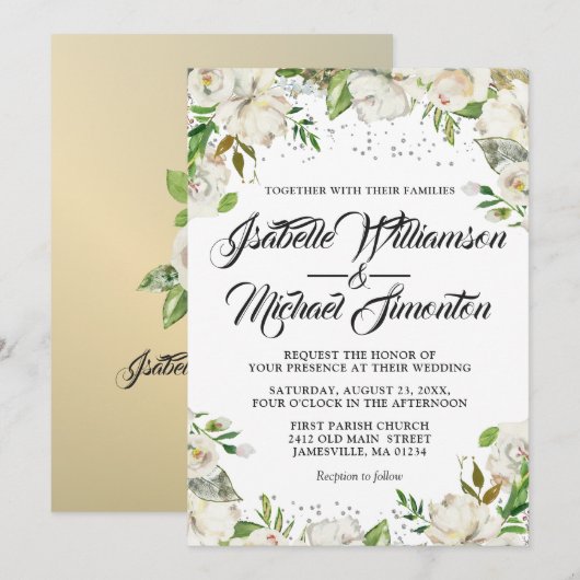 White Floral & Gold Waterverf Wedding Invitations Kaart (Voorkant / Achterkant)