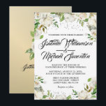 White Floral & Gold Waterverf Wedding Invitations Kaart<br><div class="desc">Klassieke witte rozen trouwuitnodiging ontwerp. Mooie waterverf rozen en hun groen lijst boven en onder op deze elegante trouwuitnodiging. De achterkant is goud met een andere witte rozenflorale oplossing. De namen van de bruiloft zijn hieronder in het zelfde gewaagde manuscript zoals de voorzijde. Heel oogmerk terwijl je nog steeds elegant...</div>