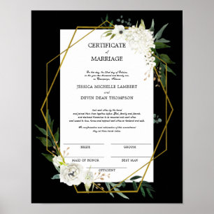 White Floral Gold Wedding Certificate of Marriage Poster