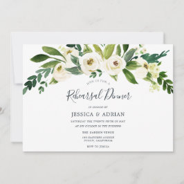 White Floral Green Leaf Rehearsal Dinner Invite Kaart