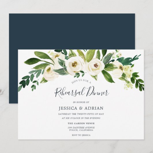 White Floral Green Leaf Rehearsal Dinner Invite Kaart (Voorkant / Achterkant)