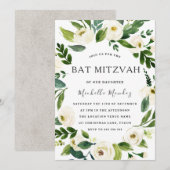 White Floral Green Wreath Modern Bat Mitzvah Kaart (Voorkant / Achterkant)