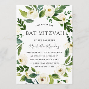 White Floral Green Wreath Modern Bat Mitzvah Kaart