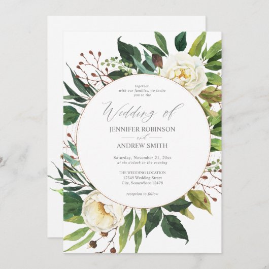 White Floral & Greenery 2 Wedding Invitation Kaart (Voorkant / Achterkant)