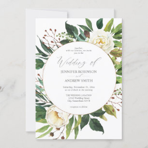 White Floral & Greenery 2 Wedding Invitation Kaart
