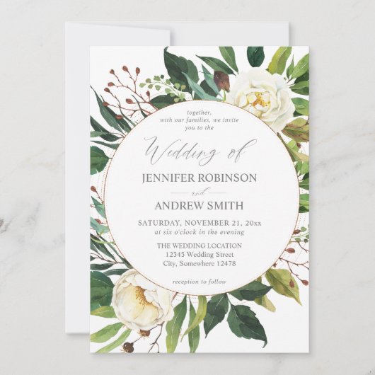 White Floral & Greenery 2 Wedding Invitation Kaart (Voorkant)