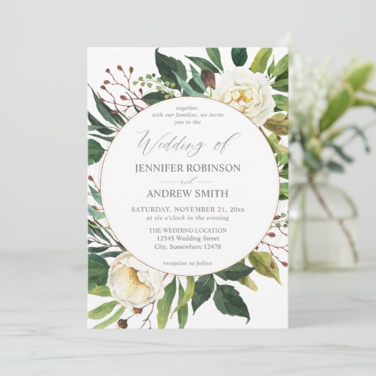 White Floral & Greenery 2 Wedding Invitation Kaart (Staand voorkant)