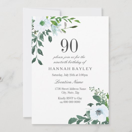 White Floral Greenery 90th Birthday Invitation Kaart (Voorkant)