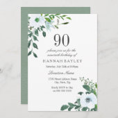White Floral Greenery 90th Birthday Invitation Kaart (Voorkant / Achterkant)
