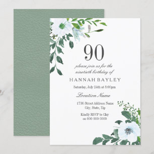 White Floral Greenery 90th Birthday Invitation Kaart