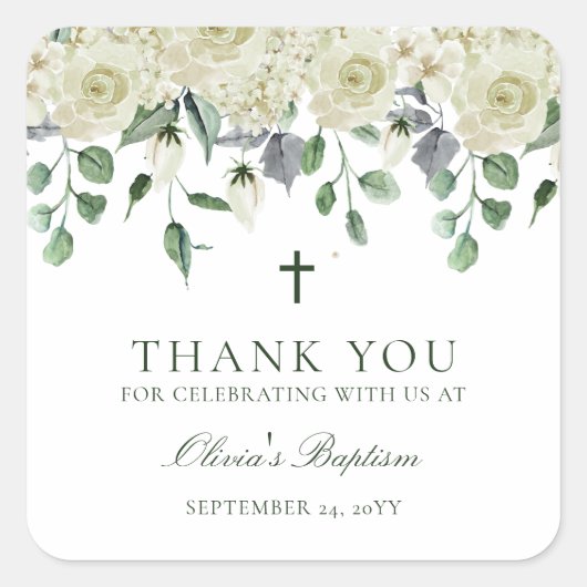 White Floral Greenery Baptism Bedankt voor je plez Vierkante Sticker (Voorkant)