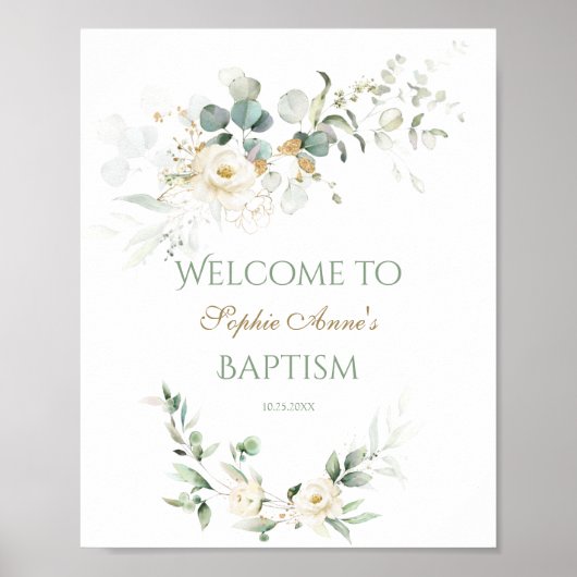 White Floral Greenery Baptism Welcome Sign Poster (Voorkant)