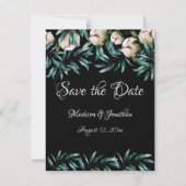 White Floral Greenery Black Elegant Script Save The Date (Voorkant)