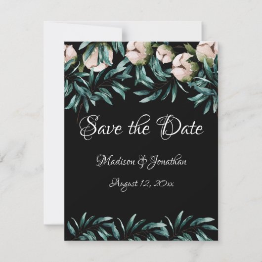 White Floral Greenery Black Elegant Script Save The Date (Voorkant)