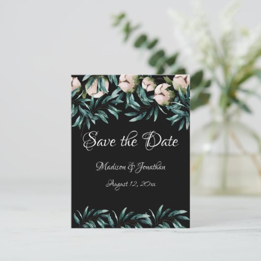 White Floral Greenery Black Elegant Script Save The Date (Staand voorkant)