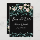 White Floral Greenery Black Elegant Script Save The Date (Voorkant / Achterkant)