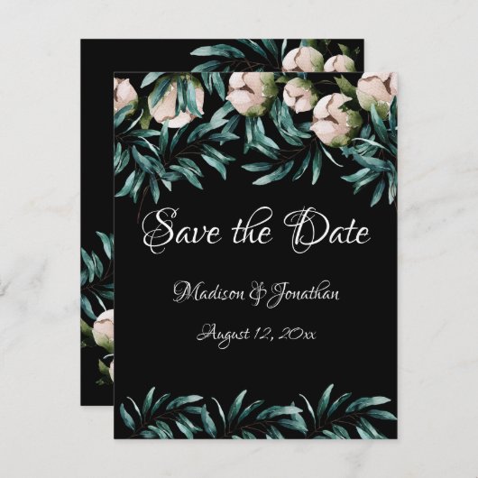 White Floral Greenery Black Elegant Script Save The Date (Voorkant / Achterkant)