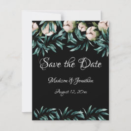 White Floral Greenery Black Elegant Script Save The Date