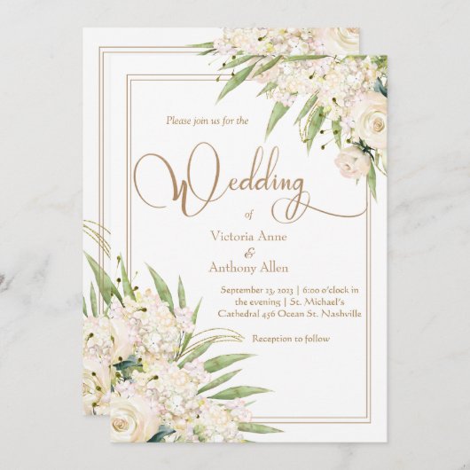 White Floral Greenery Botanical Elegant Wedding Kaart (Voorkant / Achterkant)