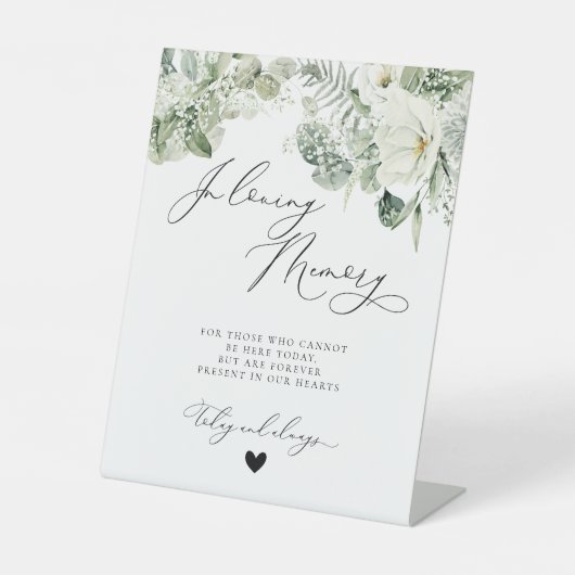 White Floral Greenery Botanical Memorial Wedding Reclamebord Met Voetstuk (Voorkant)