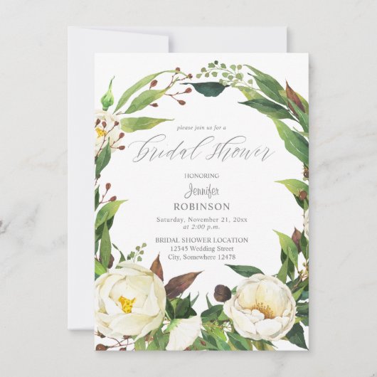 White Floral & Greenery Bridal Shower Invitation Kaart (Voorkant)
