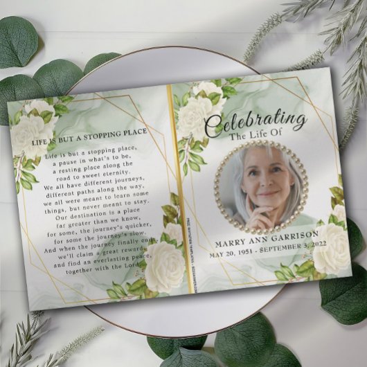White Floral Greenery Celebration of Life Programm