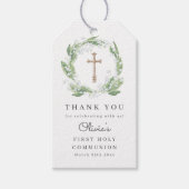 White Floral Greenery Eerste Communie Favoriet Cadeaulabel (Voorkant)