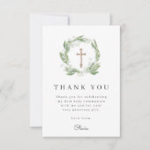 White Floral Greenery Eerste Communie Foto Bedankkaart (Voorkant)