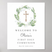 White Floral Greenery Eerste Communie Welkom Poster (Voorkant)