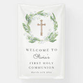 White Floral Greenery Eerste Communie Welkom Spandoek (Verticaal)