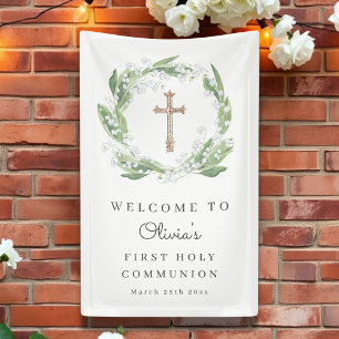 White Floral Greenery Eerste Communie Welkom Spandoek