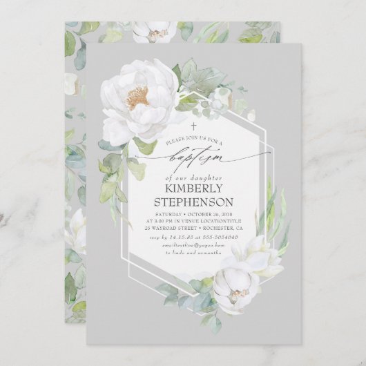 White Floral Greenery Elegant Baptisme Kaart (Voorkant / Achterkant)