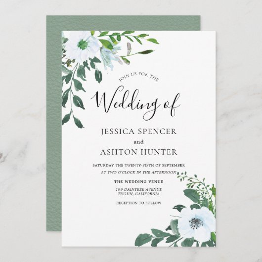 White Floral Greenery Elegant Wedding Invitation Kaart (Voorkant / Achterkant)