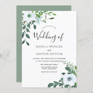 White Floral Greenery Elegant Wedding Invitation Kaart