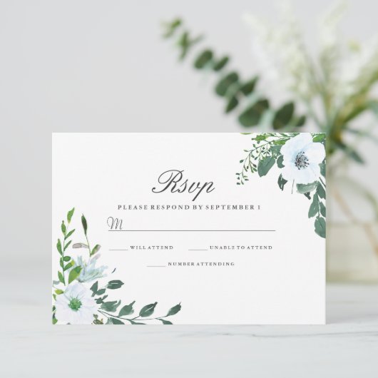 White Floral Greenery Elegant Wedding RSVP (Staand voorkant)
