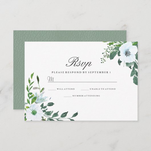 White Floral Greenery Elegant Wedding RSVP (Voorkant / Achterkant)