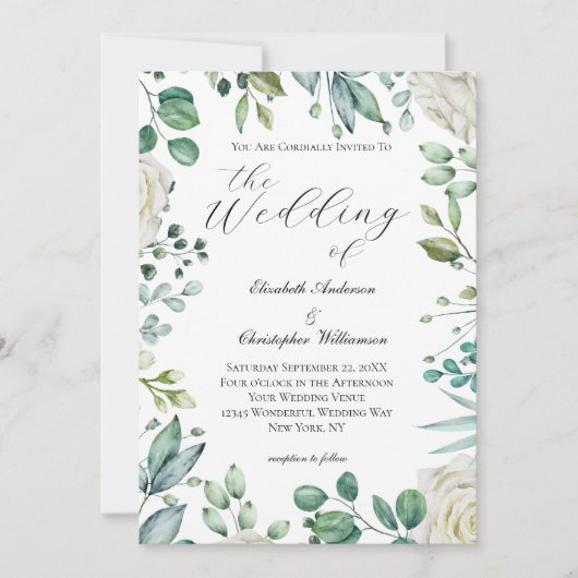 White Floral Greenery Eucalyptus Elegant Wedding Kaart (Voorkant)
