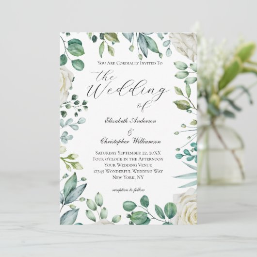 White Floral Greenery Eucalyptus Elegant Wedding Kaart (Staand voorkant)