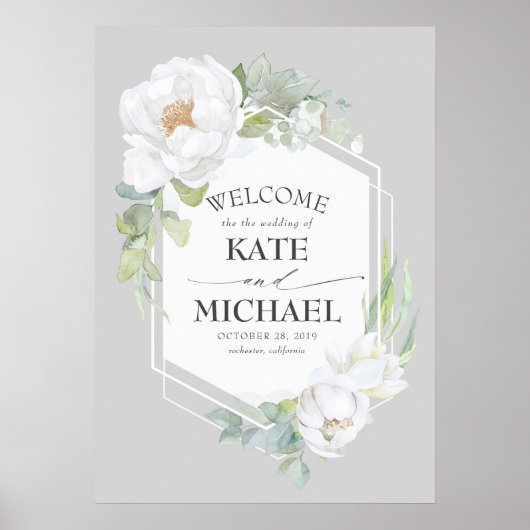 White Floral Greenery Geometric Wedding Welkom Poster (Voorkant)