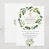 White Floral Greenery Gold Cross bevestiging Kaart (Voorkant / Achterkant)