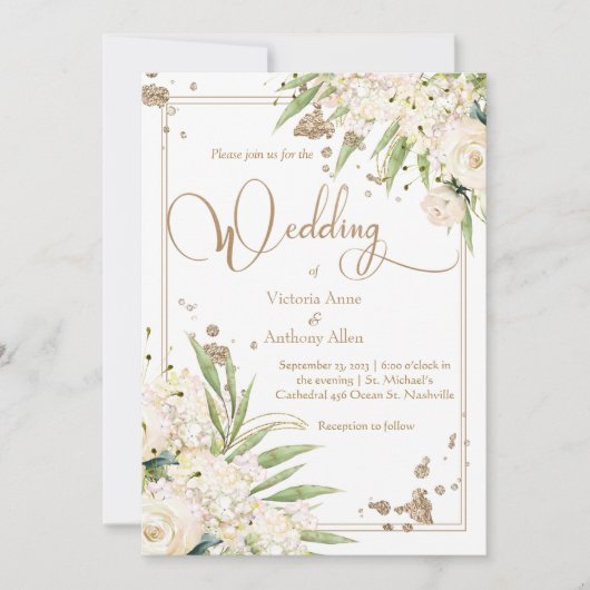 White Floral Greenery Gold Elegant Wedding Kaart (Voorkant)