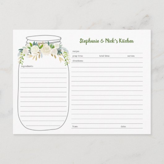 White Floral Greenery Mason Jar Recipe Kaarten (Voorkant)