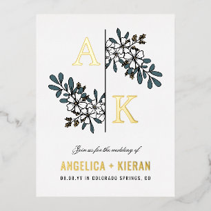 White Floral Greenery Monogram Wedding Gold Folie Uitnodiging Briefkaart