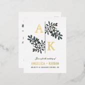 White Floral Greenery Monogram Wedding Gold Folie Uitnodiging Briefkaart (Voorkant / Achterkant)