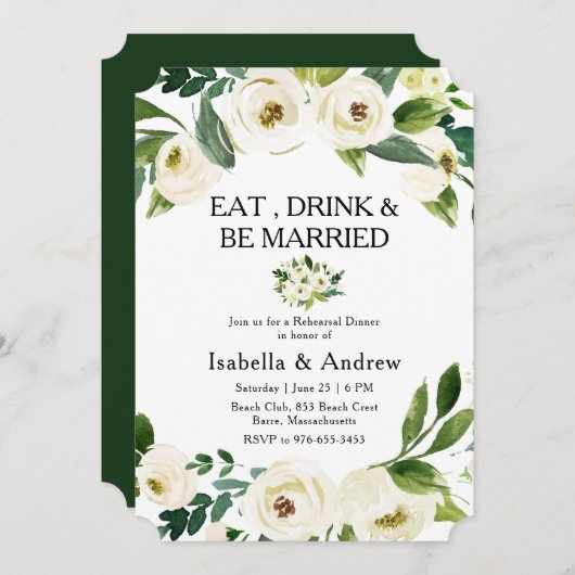 White Floral Greenery Rehearsal Dinner Kaart (Voorkant / Achterkant)