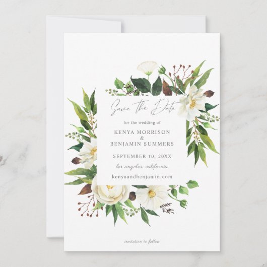 White Floral & Greenery Save the Date Invitation Kaart (Voorkant)