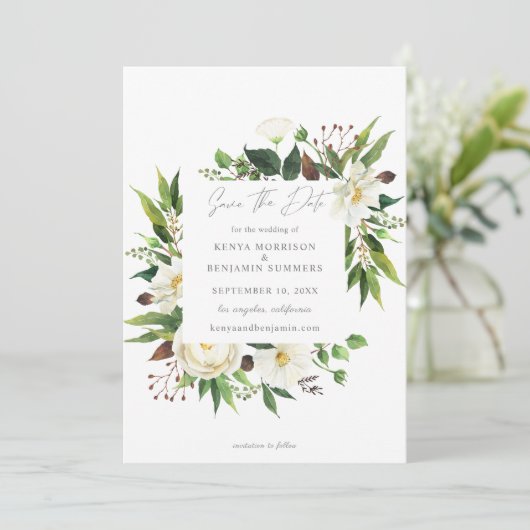 White Floral & Greenery Save the Date Invitation Kaart (Staand voorkant)