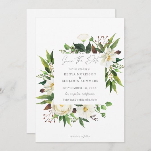 White Floral & Greenery Save the Date Invitation Kaart (Voorkant / Achterkant)